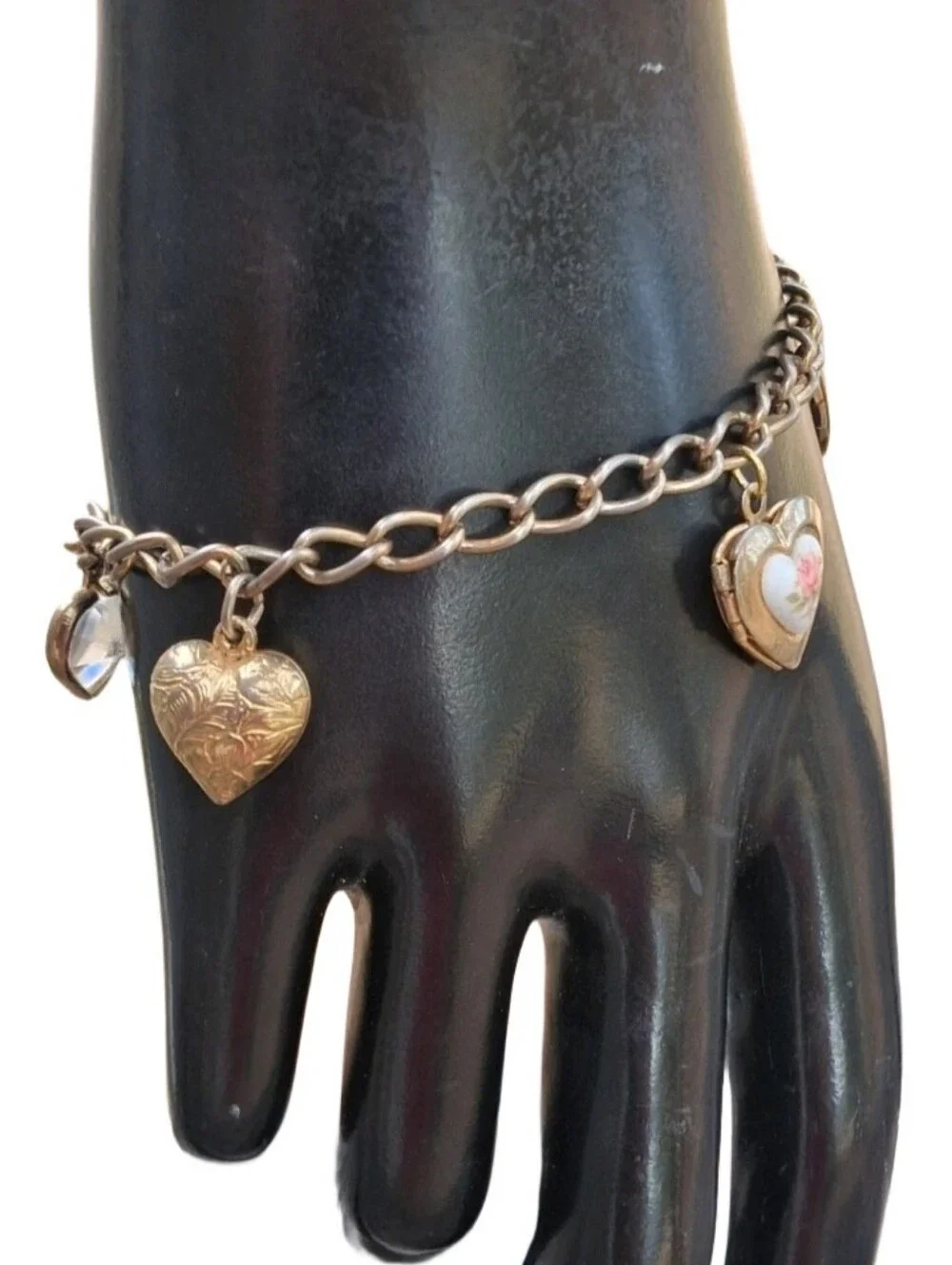 Vintage Heart Charm Bracelet Gold Tone Locket Rose Faux Pearl Rhinestone
